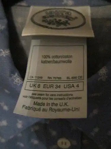 LAURA ASHLEY "Landhaus" Bluse Blumen hellblau weiß 100% Baumwolle UK 8 Eur. 34