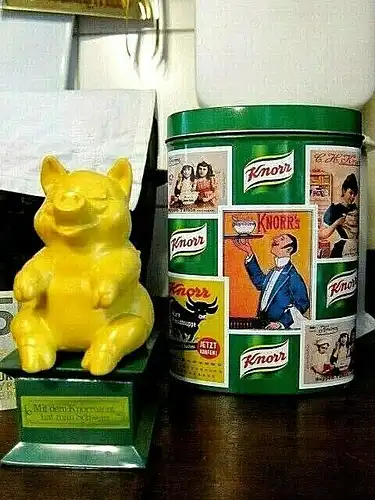 KNORR "Suppe" BLECHDOSE oval SPARDOSE "Mit dem Knorrozent hat man Schwein" Gummi