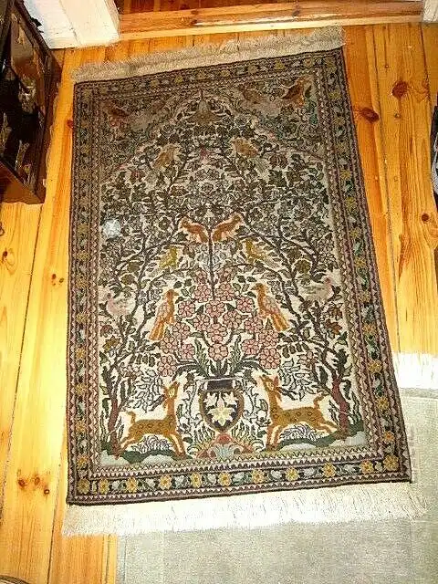 TÄBRIZ Teppich Blumen Rehe Vögel 20'tes Jahrhundert TOP erhalten No.1 ³ 0
