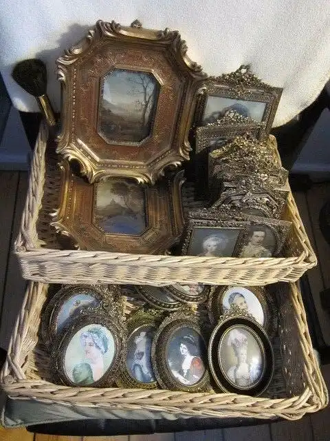 3'er-Miniaturmalerei Miniaturen,Knochen,Sign.Mary uA,Bronce Samtrahmen RAR ANTIK 7