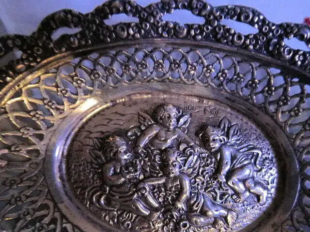 Filigranes Silberschälchen 800 SILBER,Elfen Putten Engel ROSENrand,Mond Krone 2³ 4