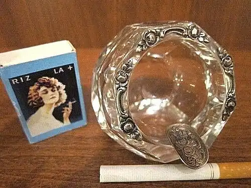 Wilhelm GEIST Ascher Aschenbecher "Rosen" Silber 800 MOSER Bleikristallglas Etik
