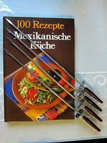 SPRING 4 Grillspieße mit Holzgriff,um 1960 & UNIPART Kochbuch Mexikanische Küche