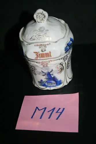 (M14) Gewürz. Behälter Porzellan ca.1900 Mühlen-Dekor