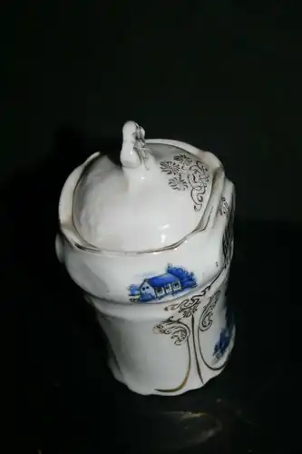 (M15) Gewürz. Behälter Porzellan ca.1900 Mühlen-Dekor