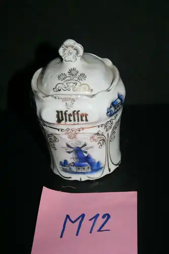 (M12) Gewürz. Behälter Porzellan ca.1900 Mühlen-Dekor