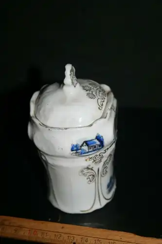 (M12) Gewürz. Behälter Porzellan ca.1900 Mühlen-Dekor