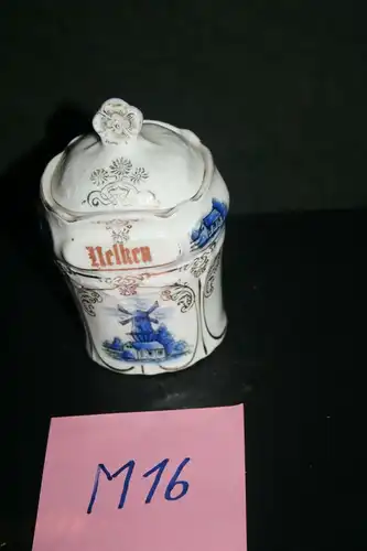 (M16) Gewürz. Behälter Porzellan ca.1900 Mühlen-Dekor