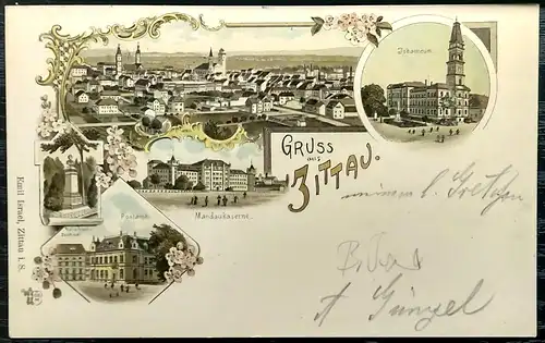 [Lithographie] Ansichtskarte Gruss aus Zittau 1898 Litho. 