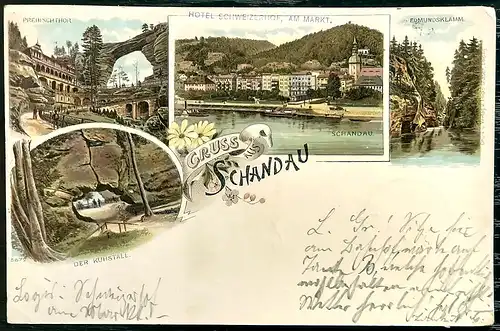 [Lithographie] Ansichtskarte Gruss aus Schandau 1898 Litho. 