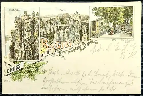 [Lithographie] Ansichtskarte Bastei Sächsische Schweiz 1898 Litho. 