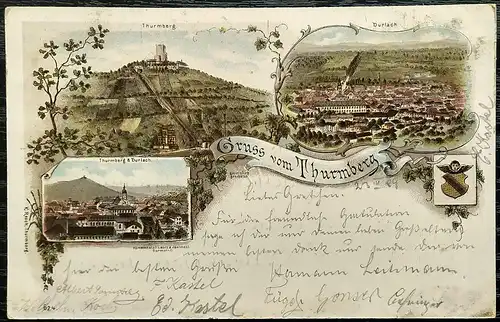 [Lithographie] Ansichtskarte Gruss vom Thurmberg Karlsruhe Durlach 1899 Litho. 