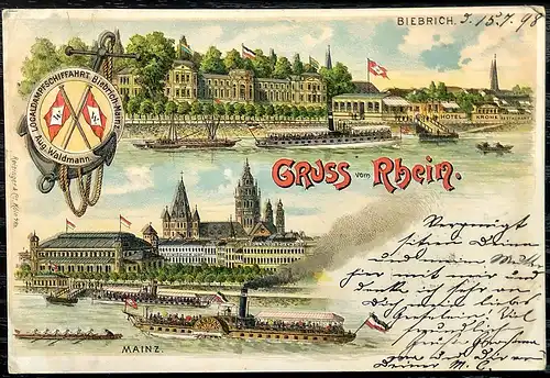 [Lithographie] Ansichtskarte Gruss vom Rhein 1898 Biebrich Mainz Localdampfschiffahrt. 