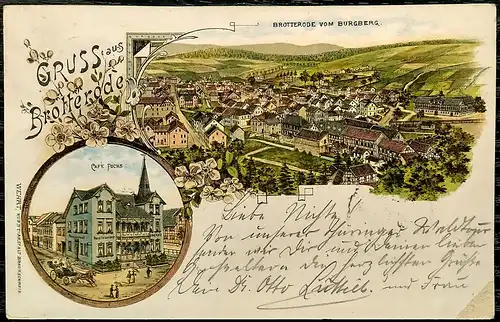 [Lithographie] Ansichtskarte Gruss aus Brotterode 1898 Litho mit Cafe Fuchs und Burgberg. 