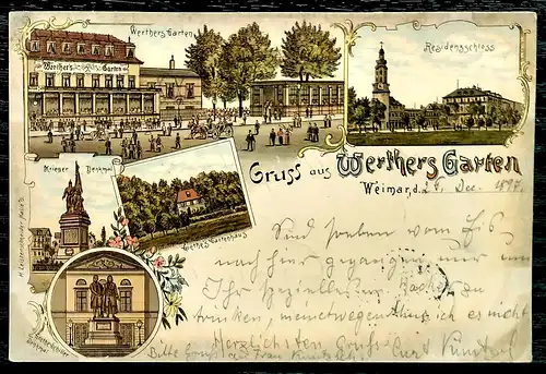 [Lithographie] Ansichtskarte Gruss aus Werthers Garten Weimar 1897. 