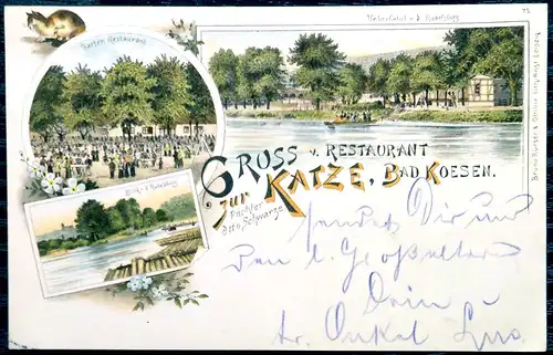 [Lithographie] Ansichtskarte Gruss v. Restaurant zur Katze Bad Kösen 1899. 