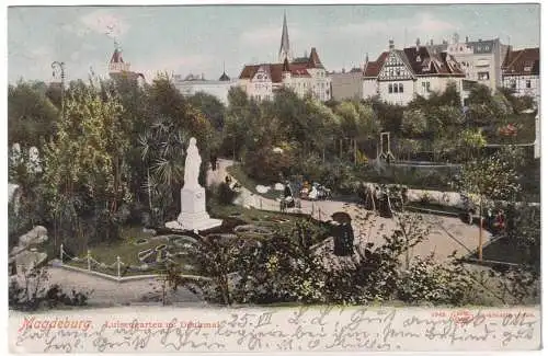 [Lithographie] Ansichtskarte Magdeburg 1903 Luisengarten mit Denkmal. 