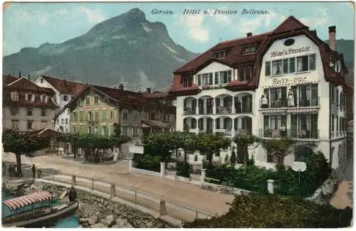 [Lithographie] Ansichtskarte Gersau Hotel und Pension Bellevue 1917. 