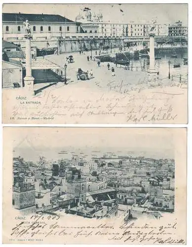[Ansichtskarte] Spanien Cadiz 1903 2 Ansichtskarten LA ENTRADA & VISTA GENERAL, portofrei in Europa. 