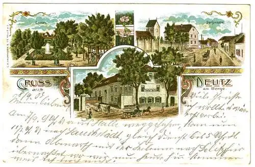 [Lithographie] Ansichtskarte Gruss aus Delitz am Berge 1903 bei Lauchstädt. 