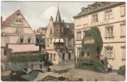 [Echtfotokarte farbig] Ansichtskarte Bad Kissingen Marktplatz 1909 mit Hotel Wittelsbach und Weigands Weinstube & Restaurant. 