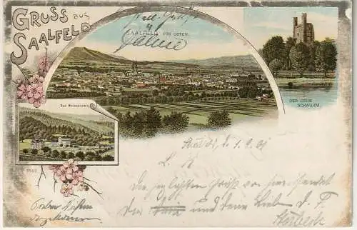 [Lithographie] Ansichtskarte Saalfeld 1901 3 Ansichten. 