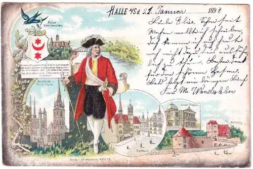 [Lithographie] Ansichtskarte Halle a.d. Saale 1898. 