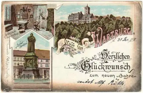 [Lithographie] Ansichtskarte Wartburg Eisenach 1898 mit Lutherdenkmal und Lutherstube. 