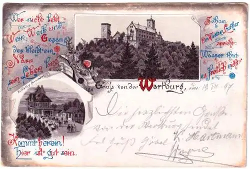 [Lithographie] Ansichtskarte Wartburg Eisenach 1897 mit Trinkspruch. 