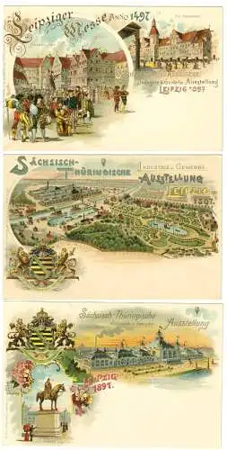 [Lithographie] 9 ungebrauchte Ansichtskarten anlässlich der Sächsisch-Thüringische Industrie- und Gewerbeausstellung 1897 in Leipzig, offizielle Postkarte mit den lfd. Nummern 1,2,3,4,6,9,13,14,15; rückseitig ohne Notiz, sehr gute Erhaltung. 