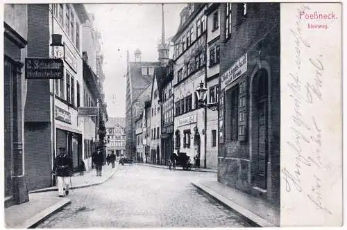 [Echtfotokarte schwarz/weiß] Ansichtskarte Pössneck Steinweg 1914. 