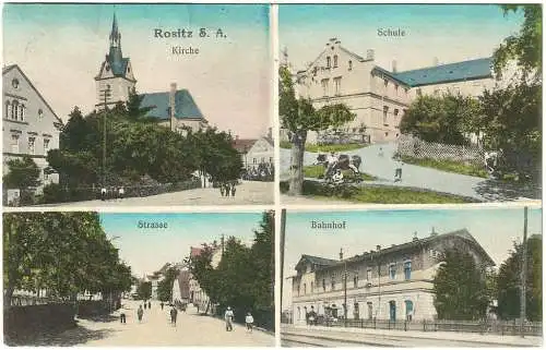 [Lithographie] Ansichtskarte Rositz S.A.  1920, u.a. mit Bahnhof. 