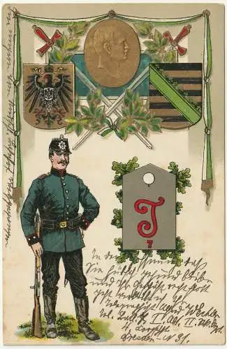 [Ansichtskarte] 1. Weltkrieg Feldpostkarte 1915 mit Soldat, Wappen DR und Sachsen sowie Bildnis Kaiser Wilhelm. 
