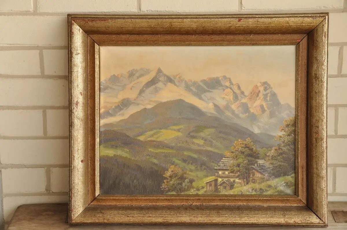 Max Nordt Thüringen Ölgemälde Chiemgau Bauernhaus mit Zugspitze 0