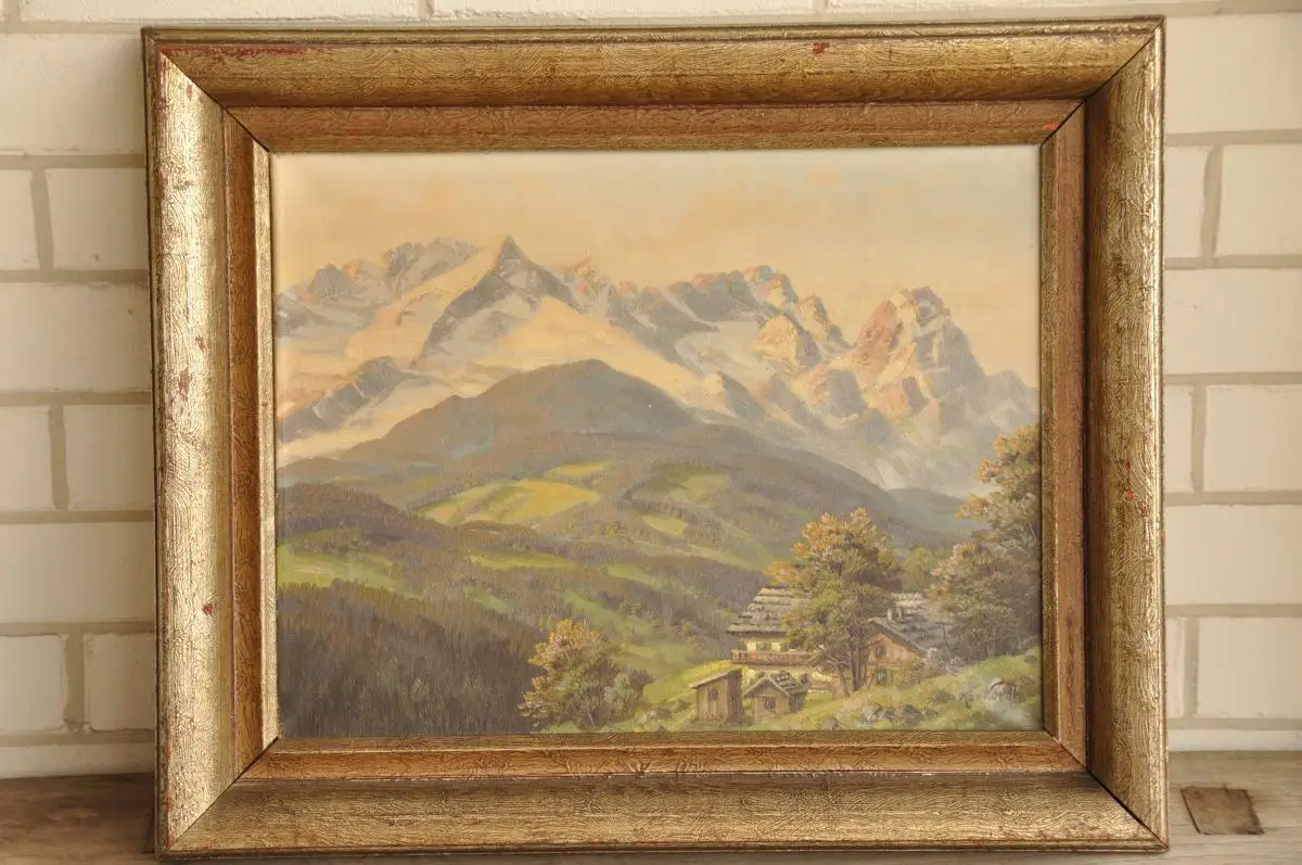Max Nordt Thüringen Ölgemälde Chiemgau Bauernhaus mit Zugspitze 6