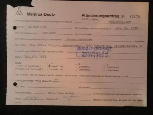 Magirus Deutz AG Prämiierungsantrag von 1975 f. 250.000 km (3)