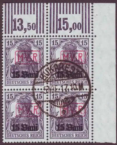 Bes. 1. Wk. Rumänien 1917 Nr Deutsche Besetzungsausgaben 1914-1918 Militärverwaltung in Rumänien Michel-Nr. 1 Eckrand-Viererblock oben rechts Walzendruck zentrischer Stempel BUKAREST 5.11.1917 Zentraler Rund / Vollstempel 126