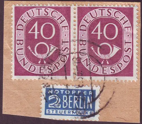 Bundesrep. Deutschland 1953 Nr 133 waagerechtes Paar auf Briefstück gestempelt "(13a) ERLANGEN 2 25.6.53. -18" Zentraler Rund / Vollstempel 129