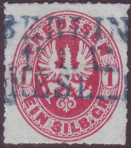 Altdeutschl. Preussen 1861  Nr Preußen Michel-Nr. 16 mit blauem Abschlag des dreizeiligen preußischen Bahnpost-Stempels L3 BERLIN BRESLAU Zentraler Rund / Vollstempel 162