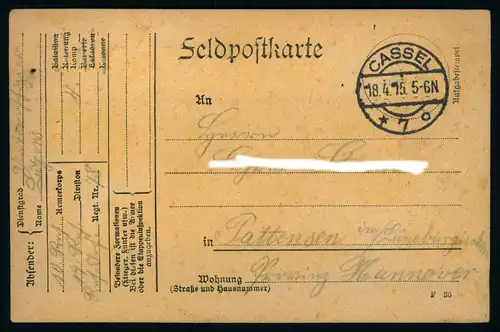 AK   Feldpost aus Cassel / Kassel 1915 ..... [ D820 ]