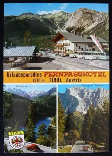 [Echtfotokarte farbig] ALPENPASS, Nassereith, Tirol - Fernpassstraße - Blindsee / PKW, Bus