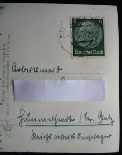 AK von Steinach, TIROL nach Hummelstadt (Lewin), Krs. GLATZ - gel. im DR, 1939