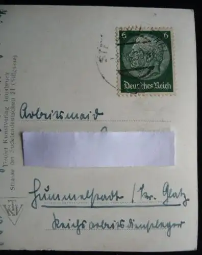 AK von Steinach, TIROL nach Hummelstadt (Lewin), Krs. GLATZ - gel. im DR, 1939