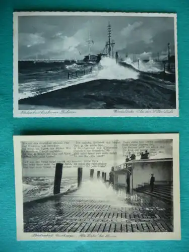 Cuxhaven, "ALTE LIEBE" bei Sturm, 30er - 2 AK - Hafen / Schiffsanleger / Signalstation