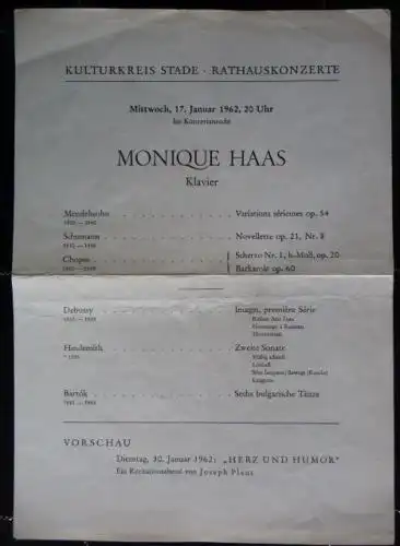 Monique HAAS, Klavier - Programmzettel - Rathaus-Konzert, Stade 1962