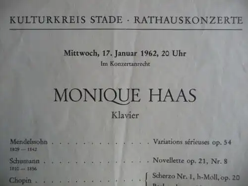 Monique HAAS, Klavier - Programmzettel - Rathaus-Konzert, Stade 1962