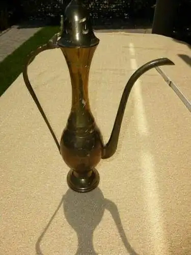 Antiker Messing Krug m. Deckel Kanne Ornamente graviert ziseliert orientalisch