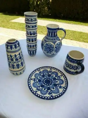 Keramik Krug Becher Teller Vase Blau weiß Lausitz DDR Konvolut 10 tlg Neu OVP