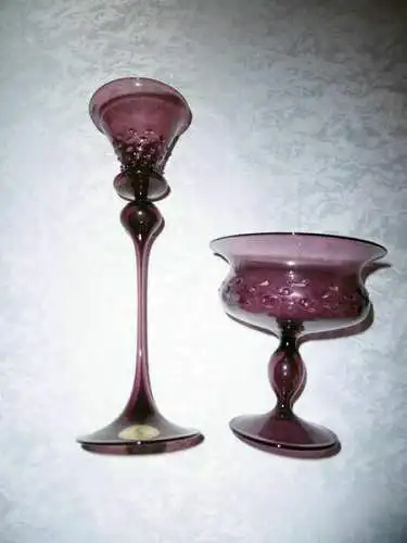 Lauscha Glas Vase und Schale in lila mundgeblasen Rauchglas DDR 2 tlg. Set