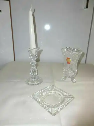 Deko Set Leuchter +Kerze Vase aus Kristall geschliffen, Aschenbecher 3 tlg. DDR